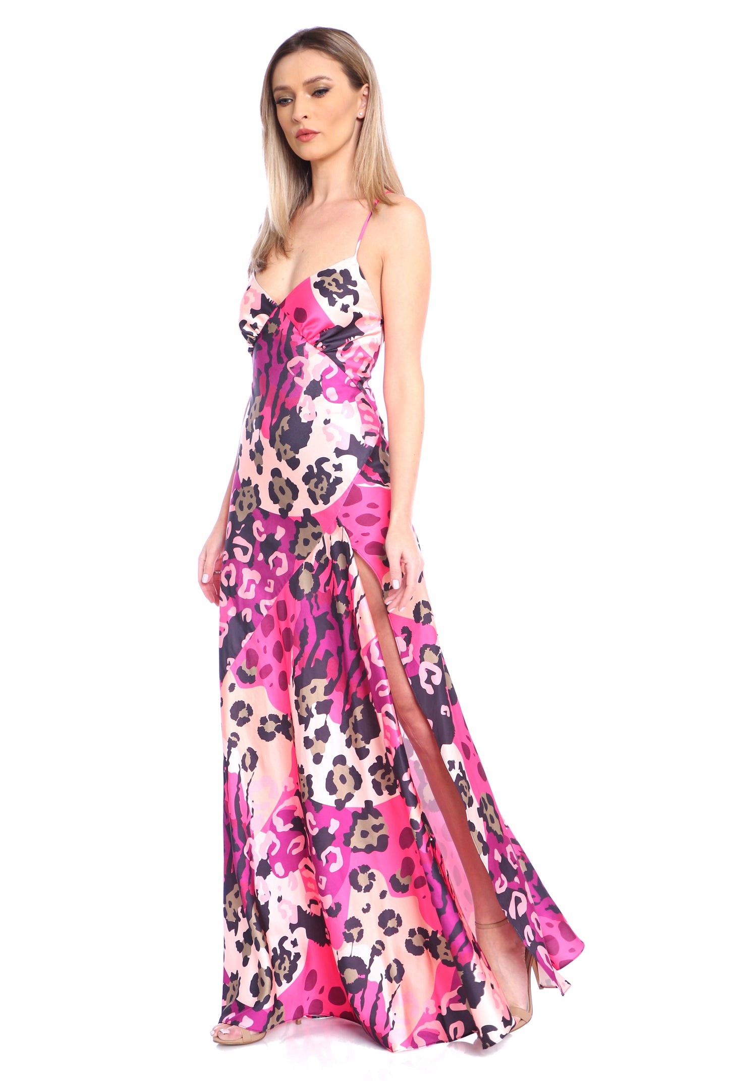 Rochie lunga din satin cu crapatura Seville cu print Bermuda