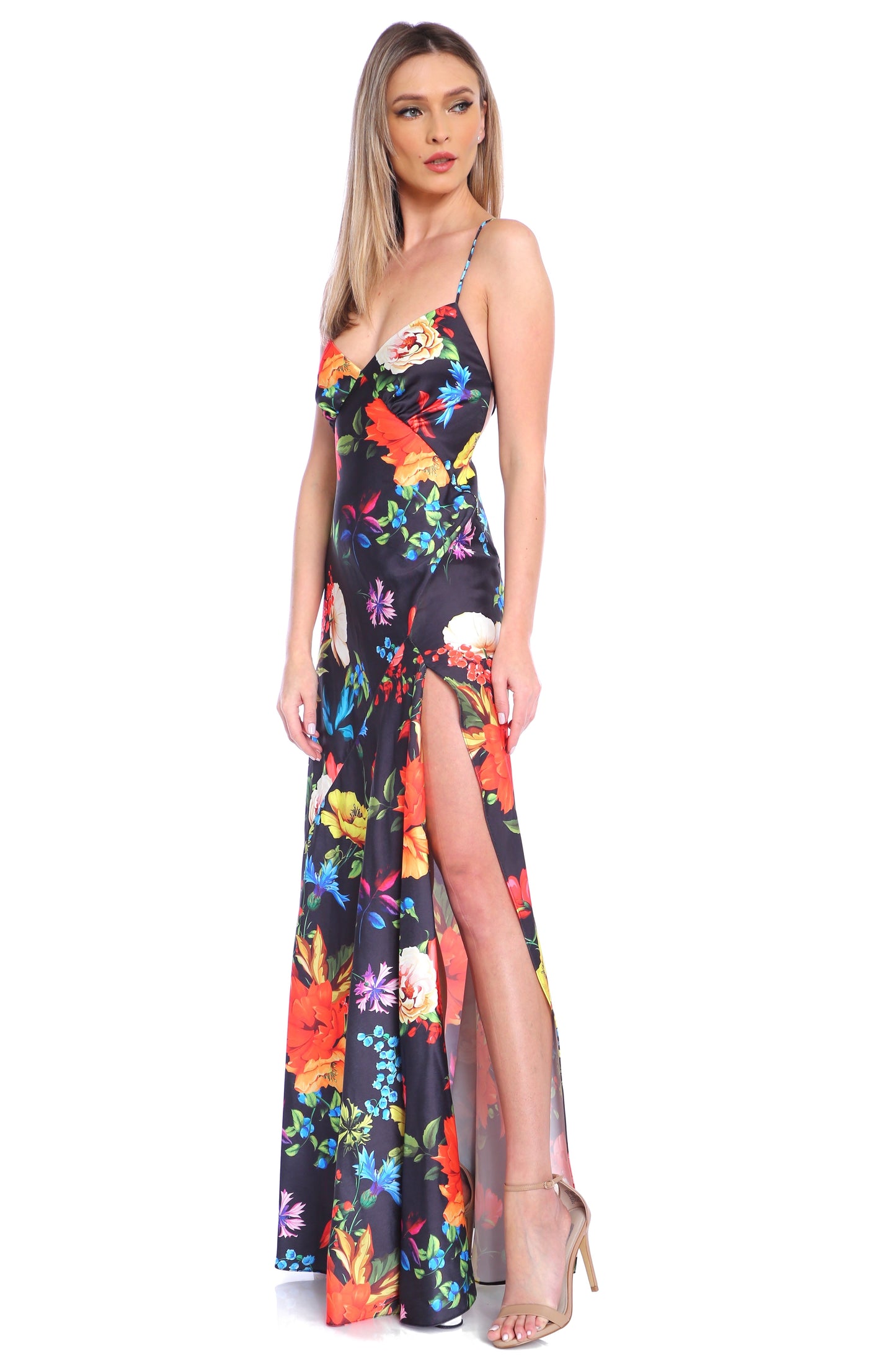 Rochie lunga din satin cu crapatura Seville cu print Veracruz