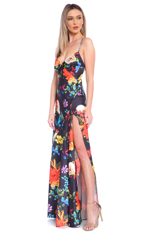 Rochie lunga din satin cu crapatura Seville cu print Veracruz