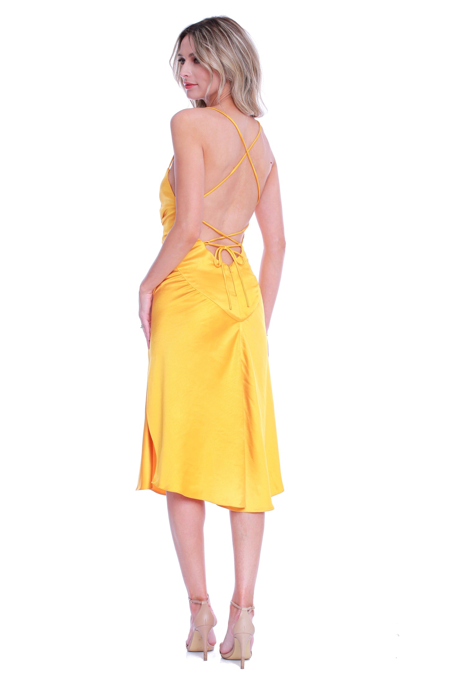 Rochie midi din satin galbena cu crapatura Seville