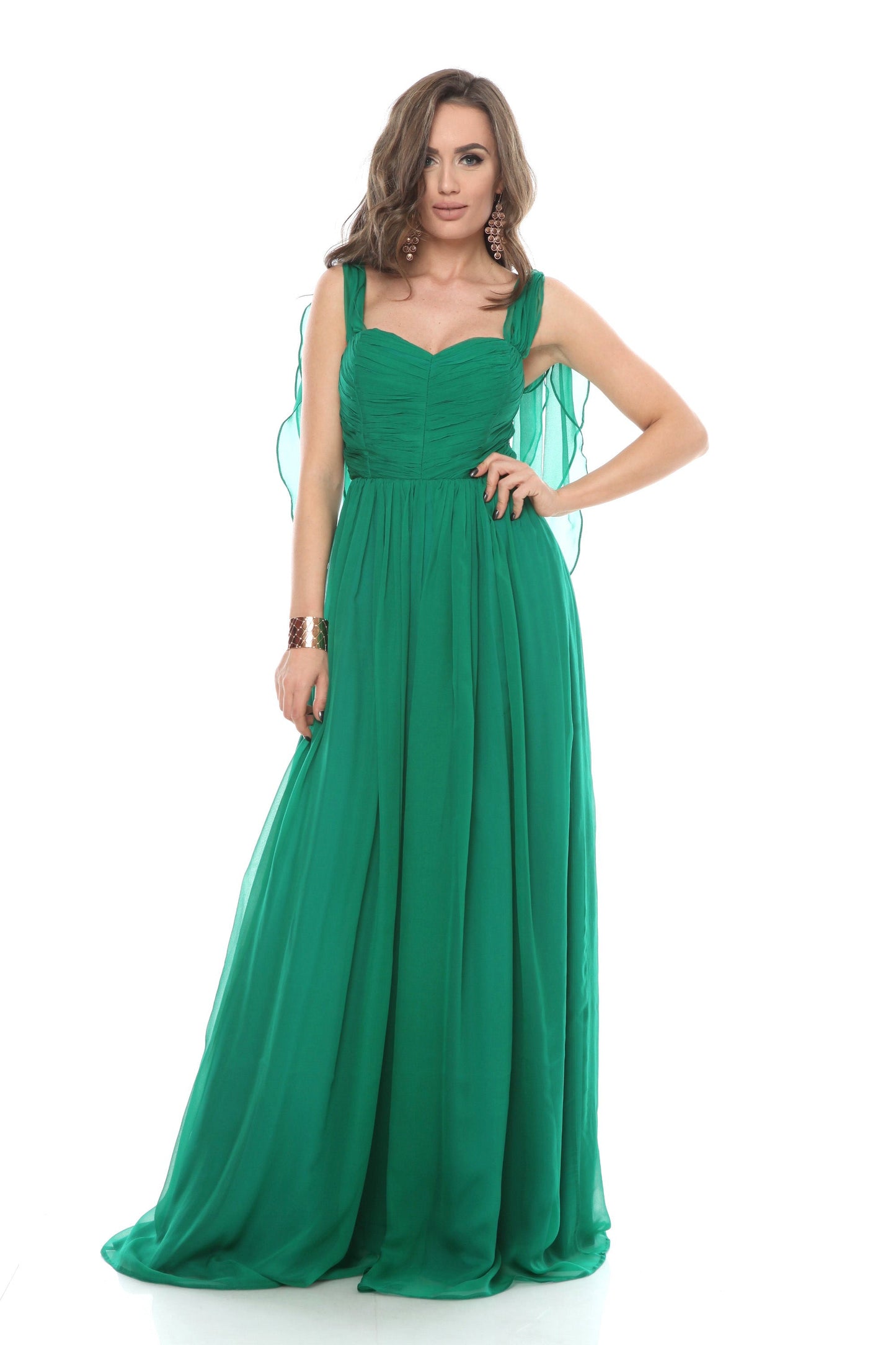 Rochie maxi verde din matase cu bust corset