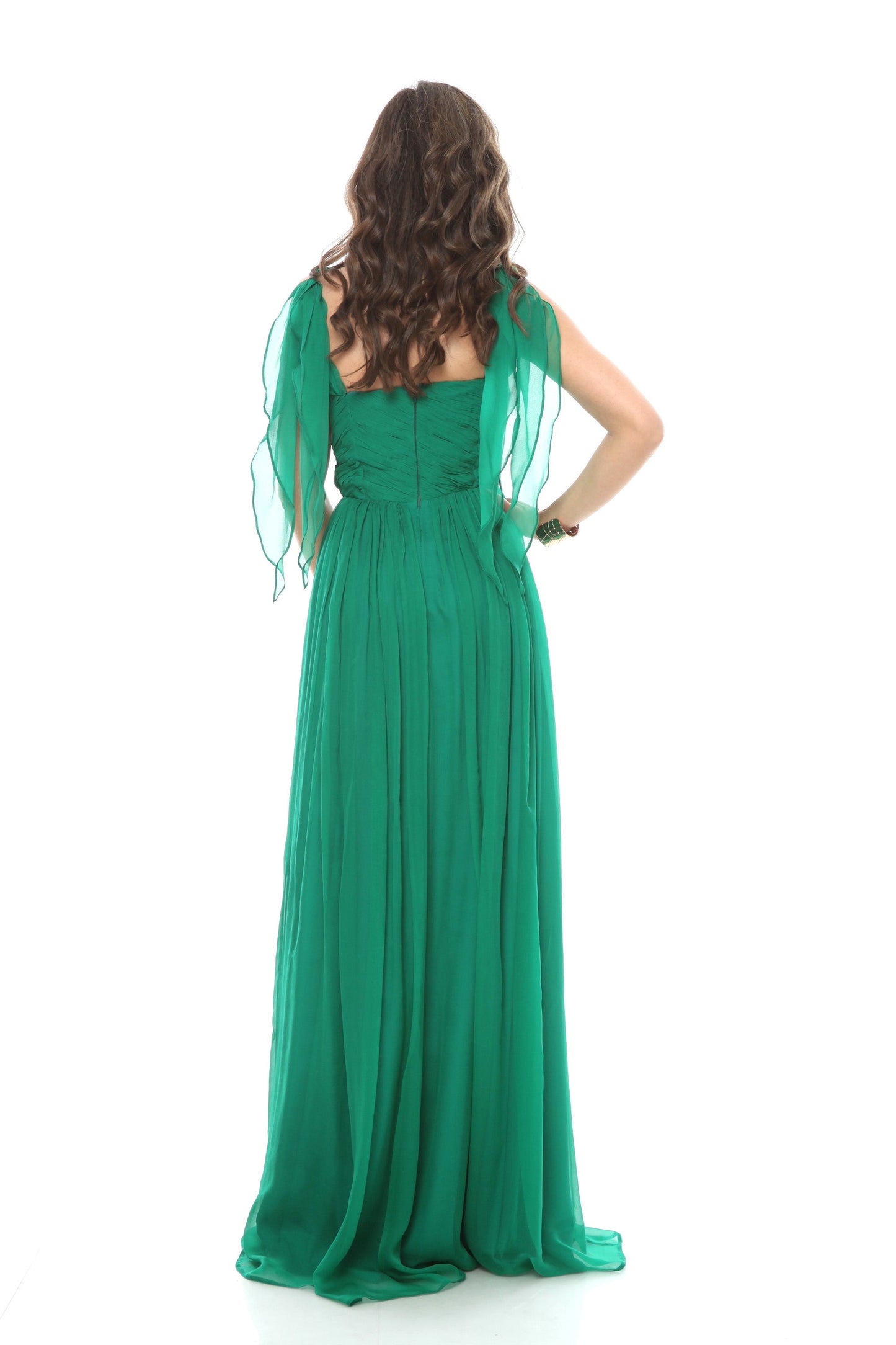 Rochie maxi verde din matase cu bust corset