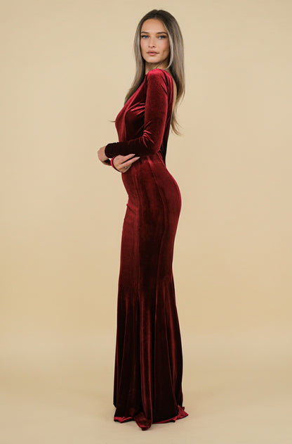 Rochie maxi burgundy din catifea Melbourne