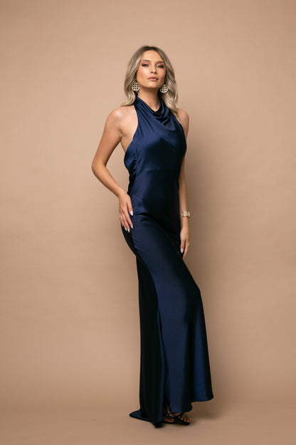 Rochie bleumarin maxi din satin Capri