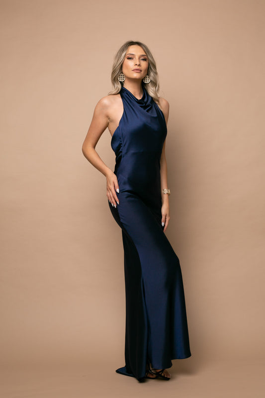 Rochie bleumarin maxi din satin Capri