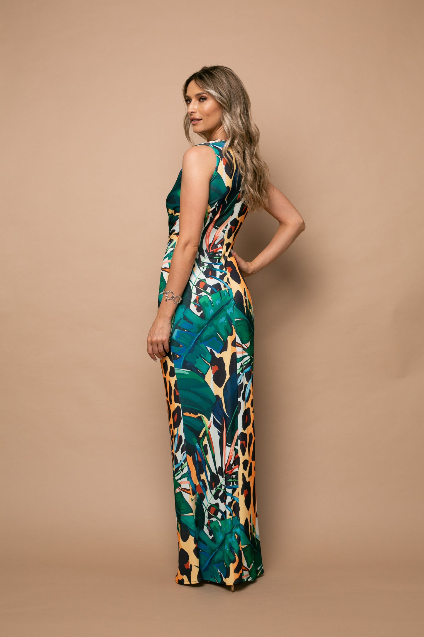 Rochie maxi fara maneci din jerseu Mallorca cu print Amazon