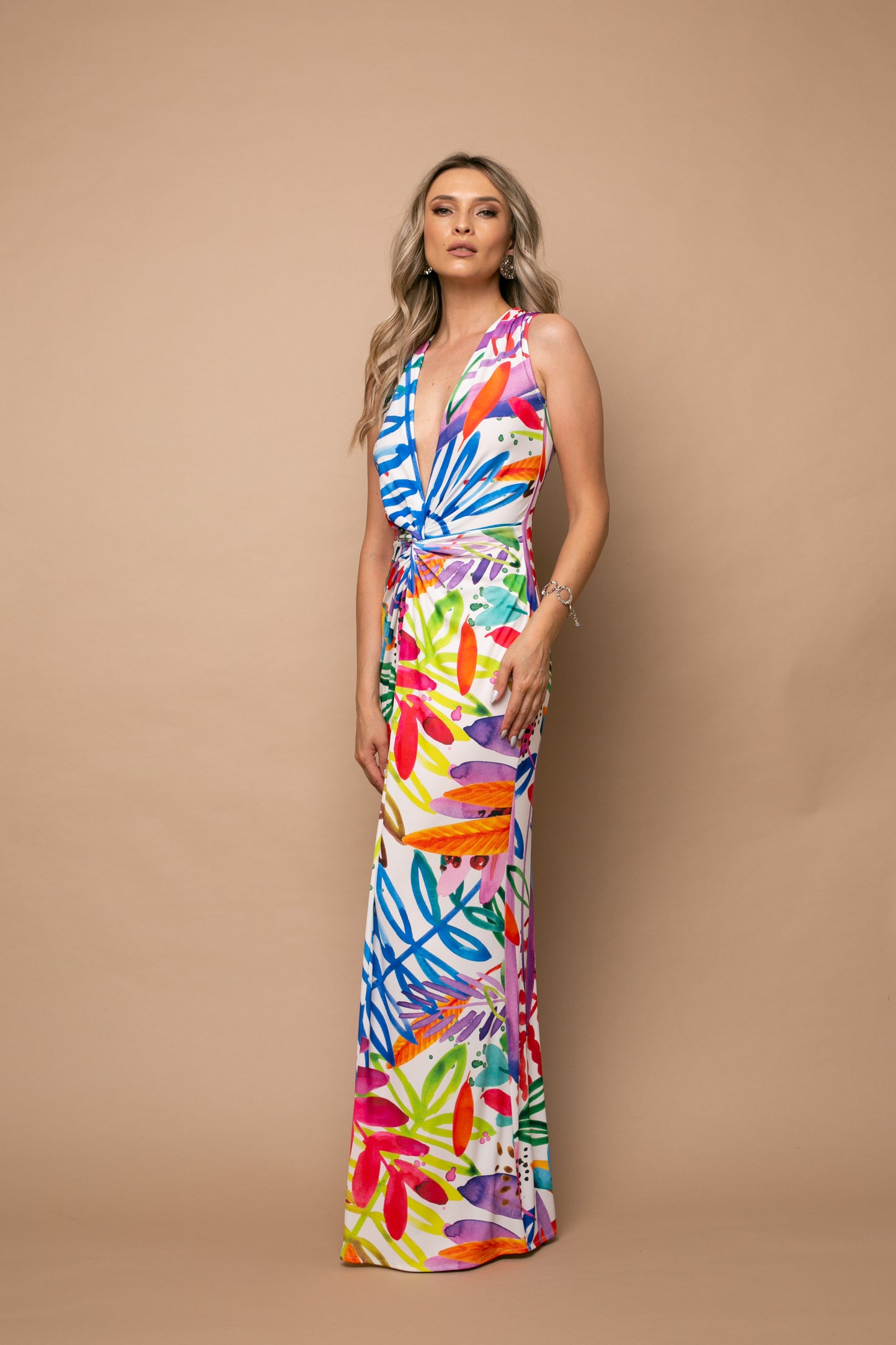 Rochie maxi fara maneci din jerseu Mallorca cu print Capri