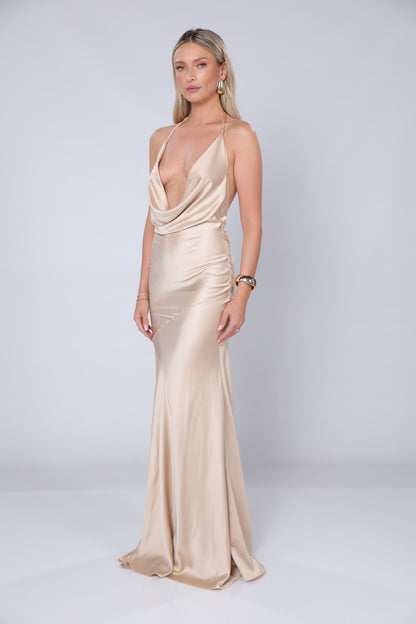 Rochie maxi Ibiza din satin beige
