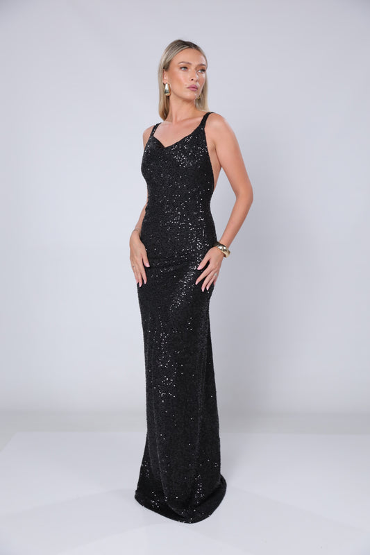 Rochie maxi Margot negra din jerseu cu paiete