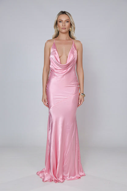 Rochie maxi Ibiza din satin roz