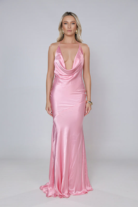 Rochie maxi Ibiza din satin roz