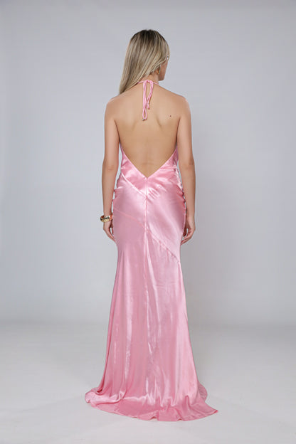 Rochie maxi Ibiza din satin roz