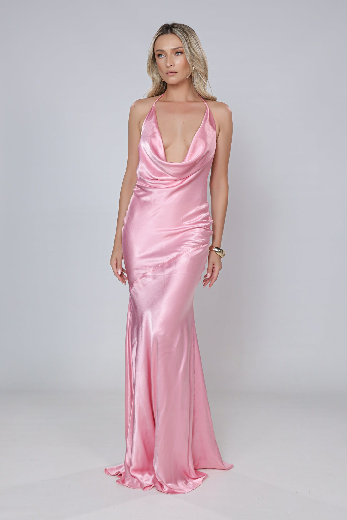 Rochie maxi Ibiza din satin roz