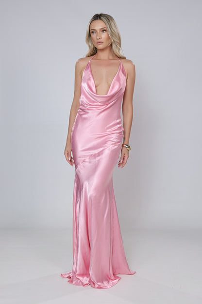 Rochie maxi Ibiza din satin roz
