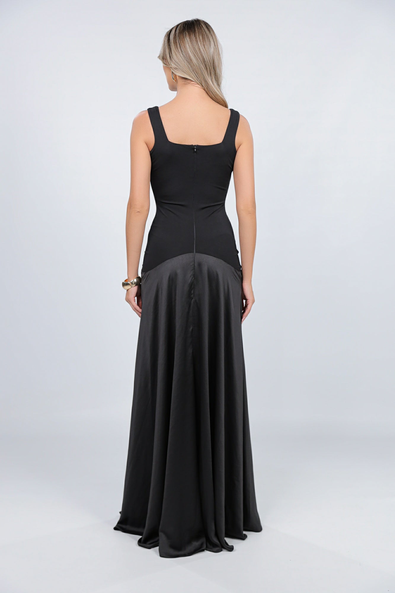 Rochie London maxi neagra din jerseu si satin
