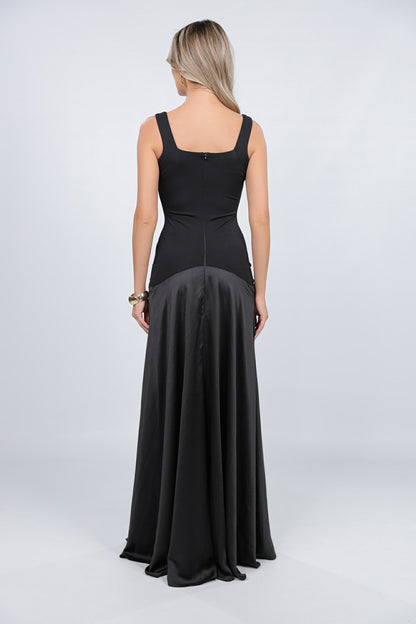 Rochie London maxi neagra din jerseu si satin