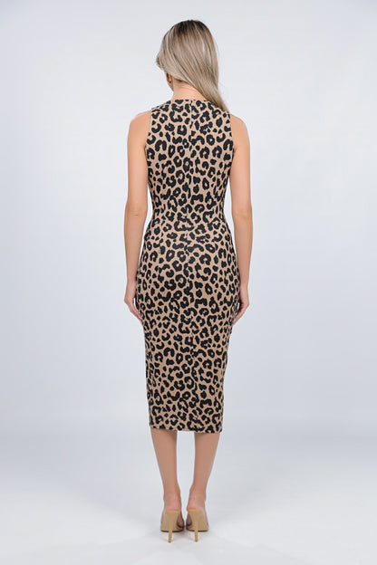Rochie Mallorca midi fara maneci cu print leopard