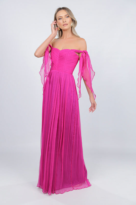 Rochie fuchsia din matase cu bust corset