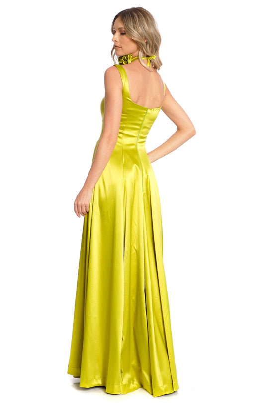 Rochie maxi lime din satin Vienne