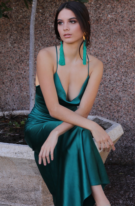 Rochie lunga verde din satin Tulum