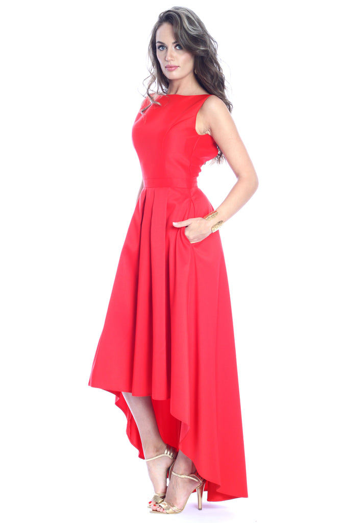 New York Classic Asymmetrical Sleveless Dress With Pockets In Red