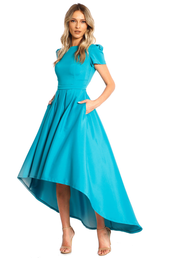New York Classic Asymmetrical Sleveless Dress With Pockets In Turquoise