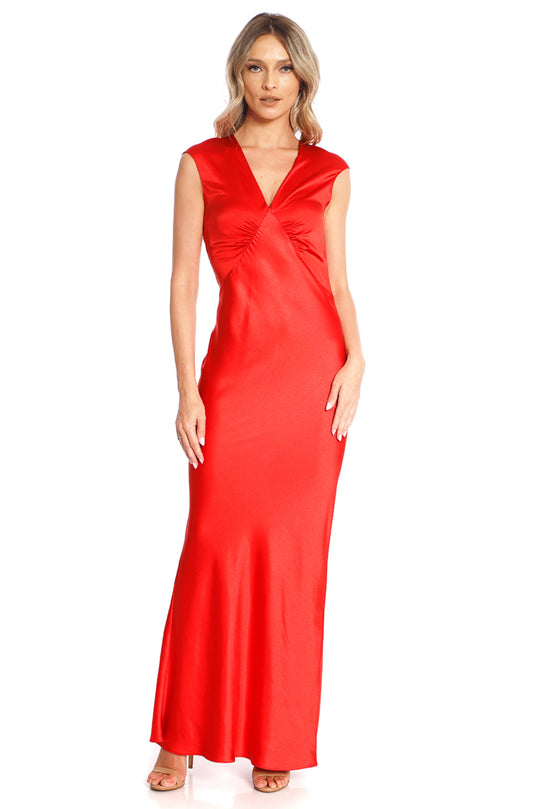 Rochie maxi din satin rosu coral Cali