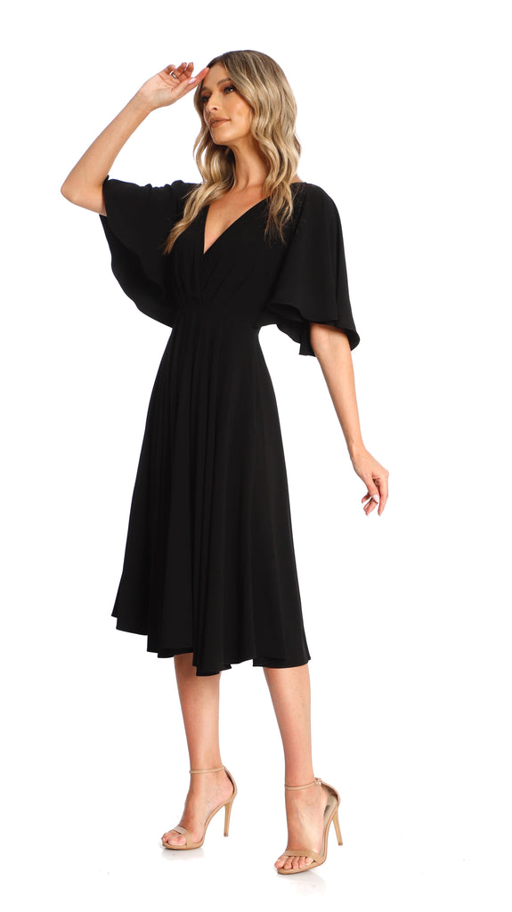 Florence Midi Dress With Butterfly Sleeves In Black