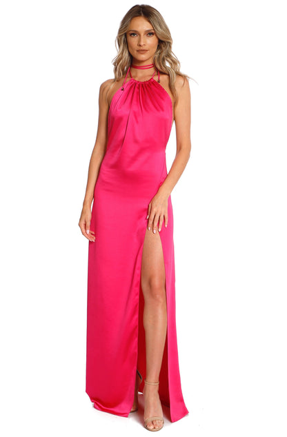 Rochie maxi din satin fuchsia cu crapatura Havana