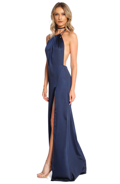 Rochie maxi din satin bleumarin cu crapatura Havana