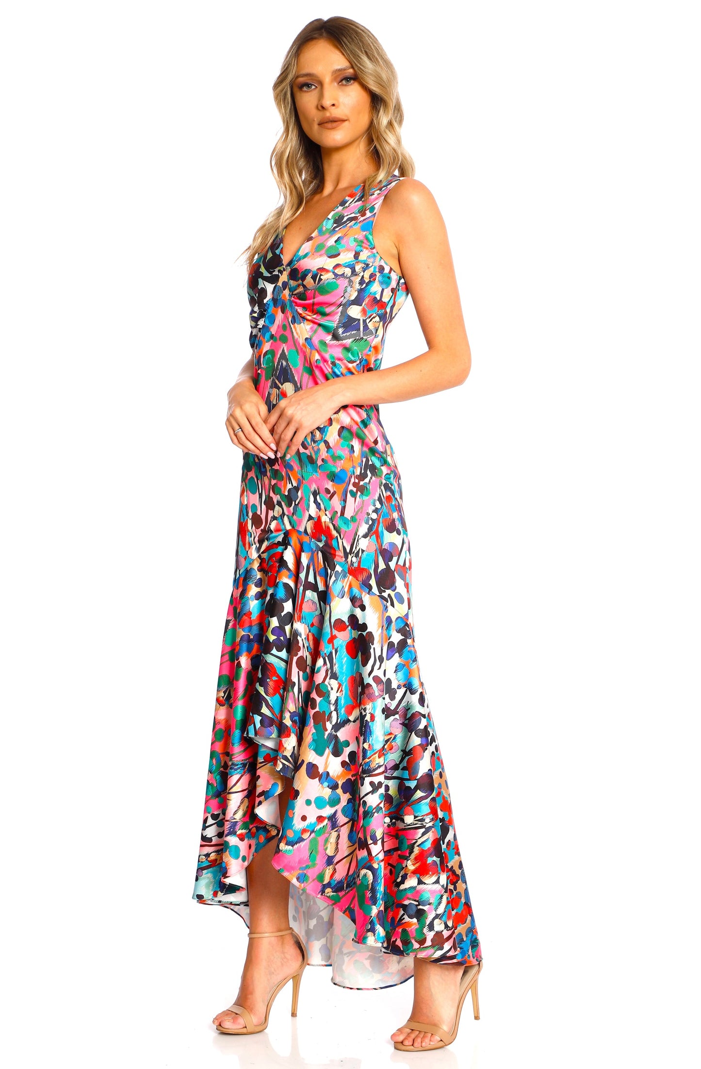 Rochie maxi din satin cu volan Tango cu print Barcelona