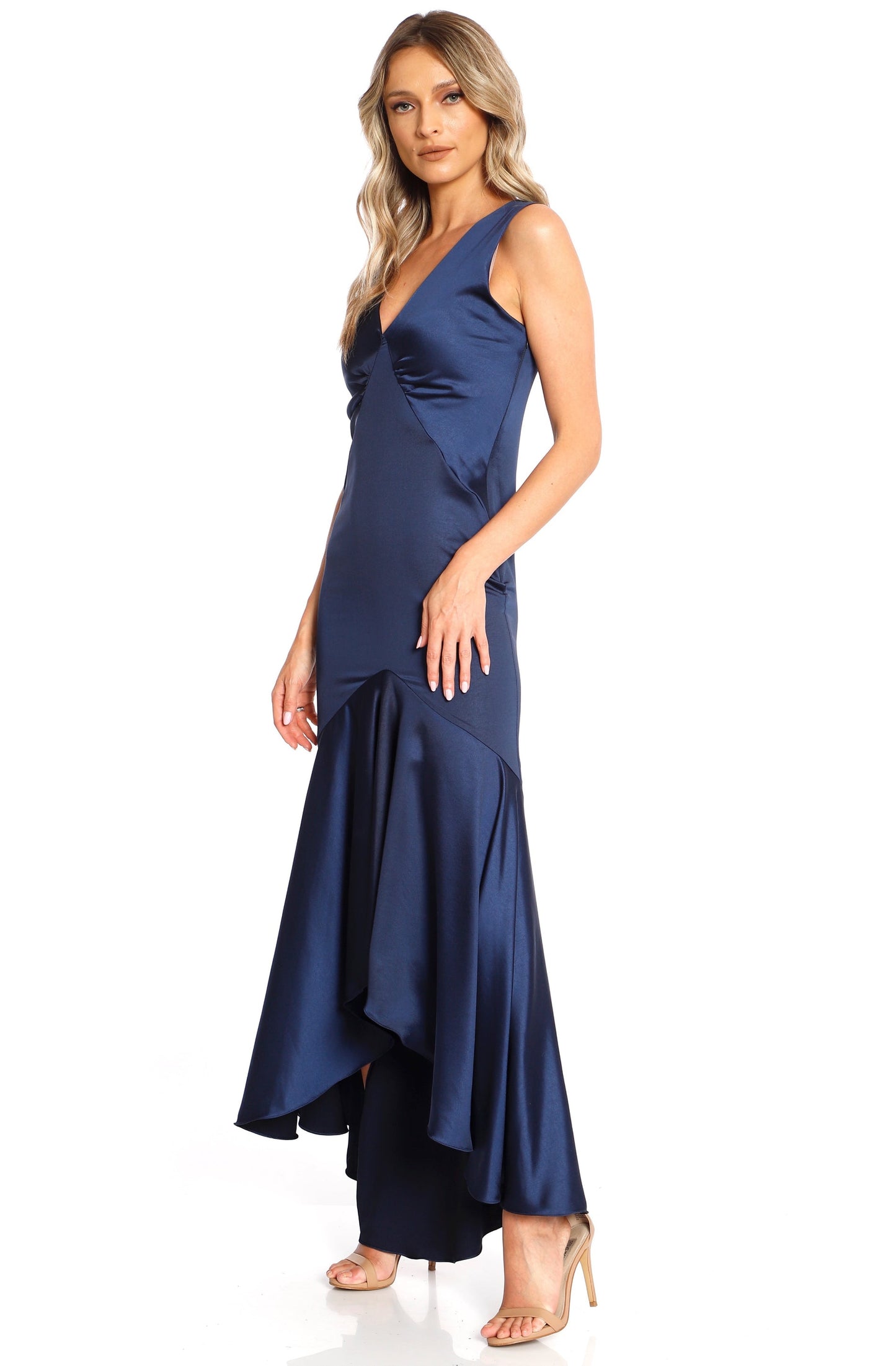 Rochie maxi bleumarin din satin cu volan Tango