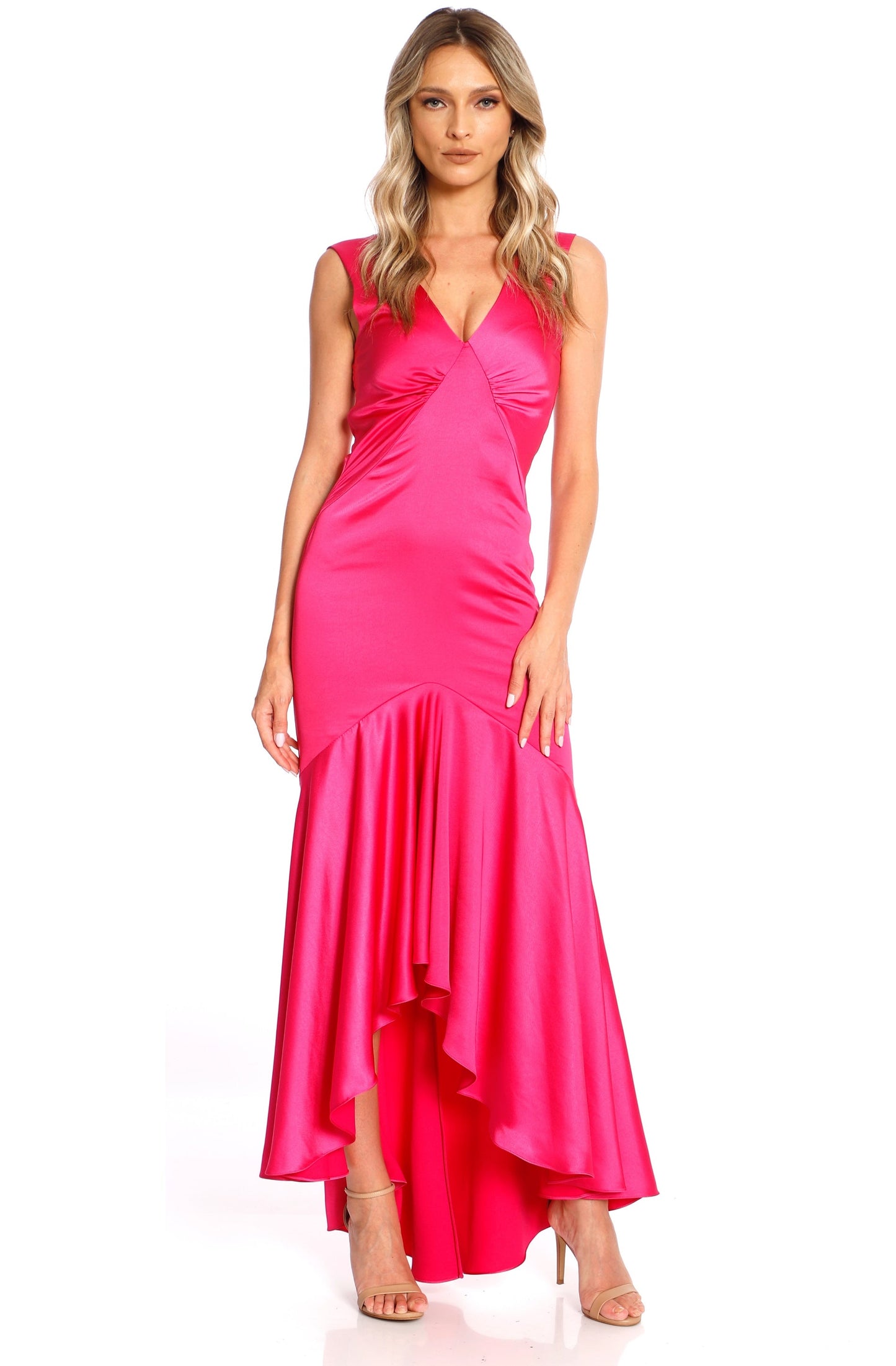 Rochie maxi Fuchsia cu volan din satin Tango