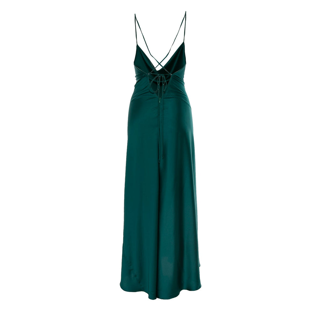 Tulum Cowl Neck Satin Dress In Emerald Green
