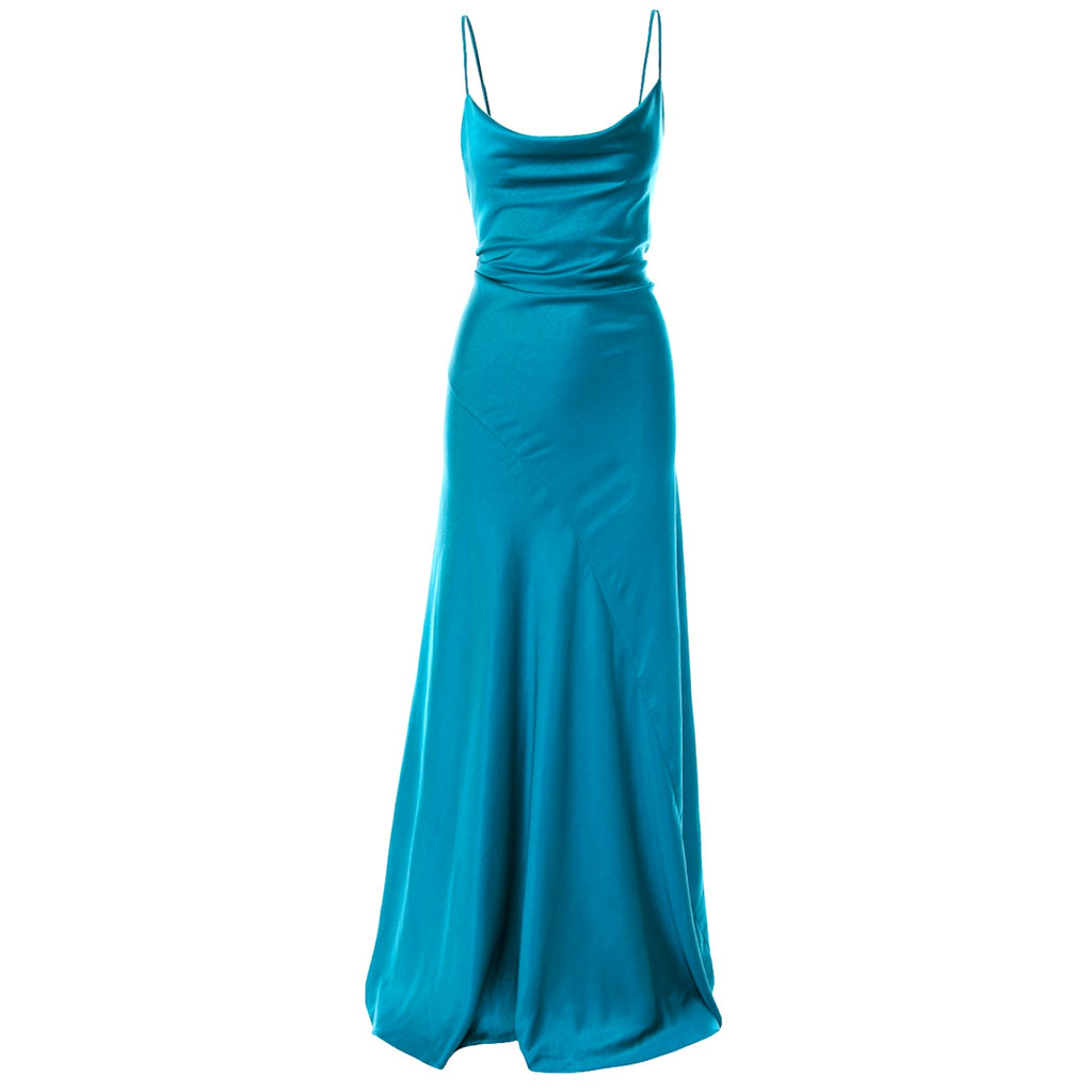 Tulum Cowl Neck Satin Maxi Dress In Turquoise