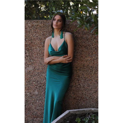 Rochie lunga verde din satin Tulum